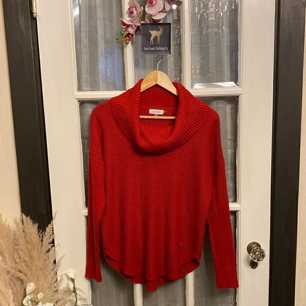 Red Waffle Knit Calvin Klein Cowlneck Sweater